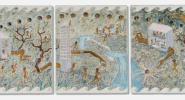 EARTH ON THEIR HANDS, 2025, Terra sigillata, underglaze, glaze and gold luster on quartz tile, triptych, courtesy Galerist and the artist.