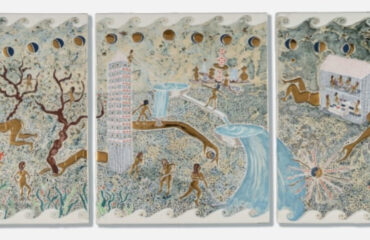 EARTH ON THEIR HANDS, 2025, Terra sigillata, underglaze, glaze and gold luster on quartz tile, triptych, courtesy Galerist and the artist.