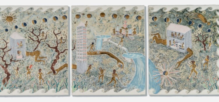 EARTH ON THEIR HANDS, 2025, Terra sigillata, underglaze, glaze and gold luster on quartz tile, triptych, courtesy Galerist and the artist.