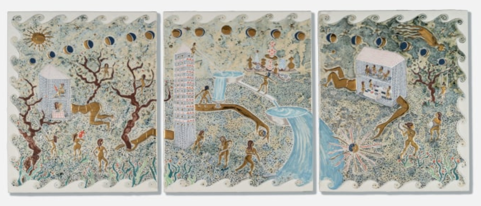 EARTH ON THEIR HANDS, 2025, Terra sigillata, underglaze, glaze and gold luster on quartz tile, triptych, courtesy Galerist and the artist.