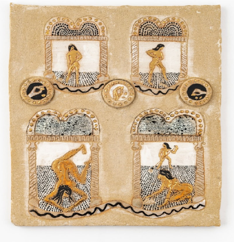 DOMESTIC LABOR, 2024, Underglaze, glaze, gold luster on stoneware, 26,5 x 22 cm, courtesy Galerist and the artist.