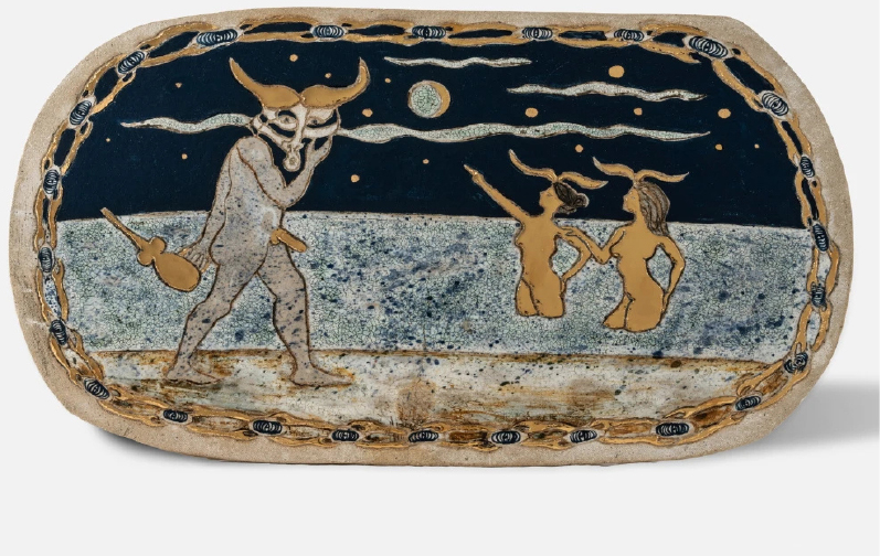 MERMAIDS AND MINOTAUR, 2025, Underglaze, glaze, gold luster on stoneware, 28 x 45,5 cm, courtesy Galerist and the artist.