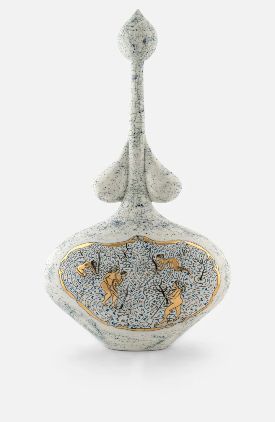 THE WEAVERS, 2025, Underglaze, glaze and gold luster on stonepaste, courtesy Galerist and the artist.