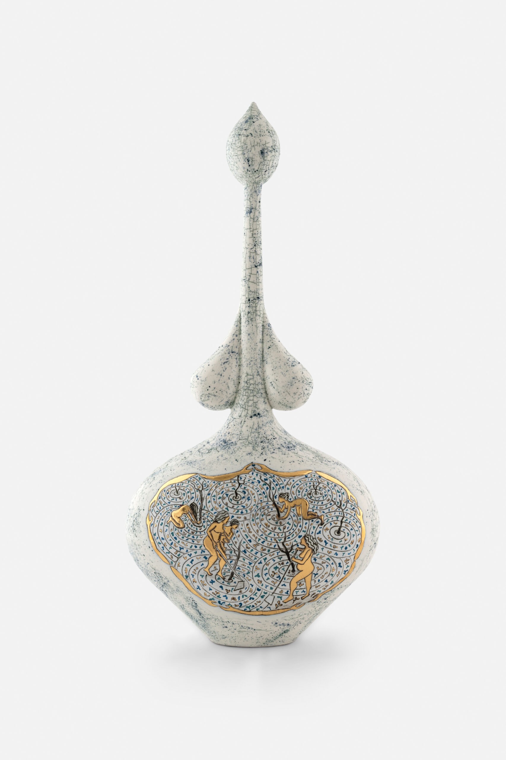 THE WEAVERS, 2025, Underglaze, glaze and gold luster on stonepaste, courtesy Galerist and the artist.