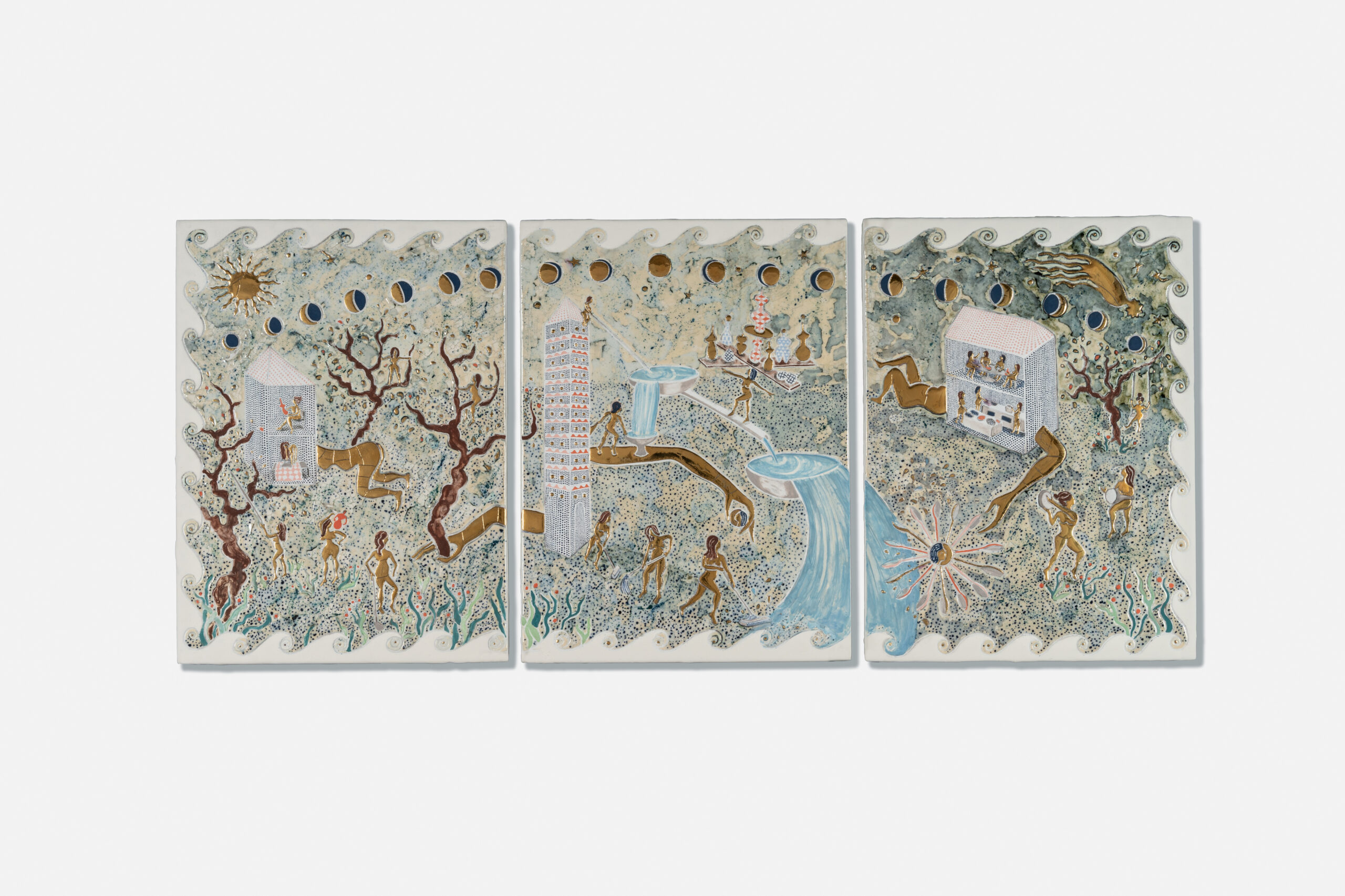 EARTH ON THEIR HANDS, 2025, Terra sigillata, underglaze, glaze and gold luster on quartz tile, triptych, courtesy Galerist and the artist.