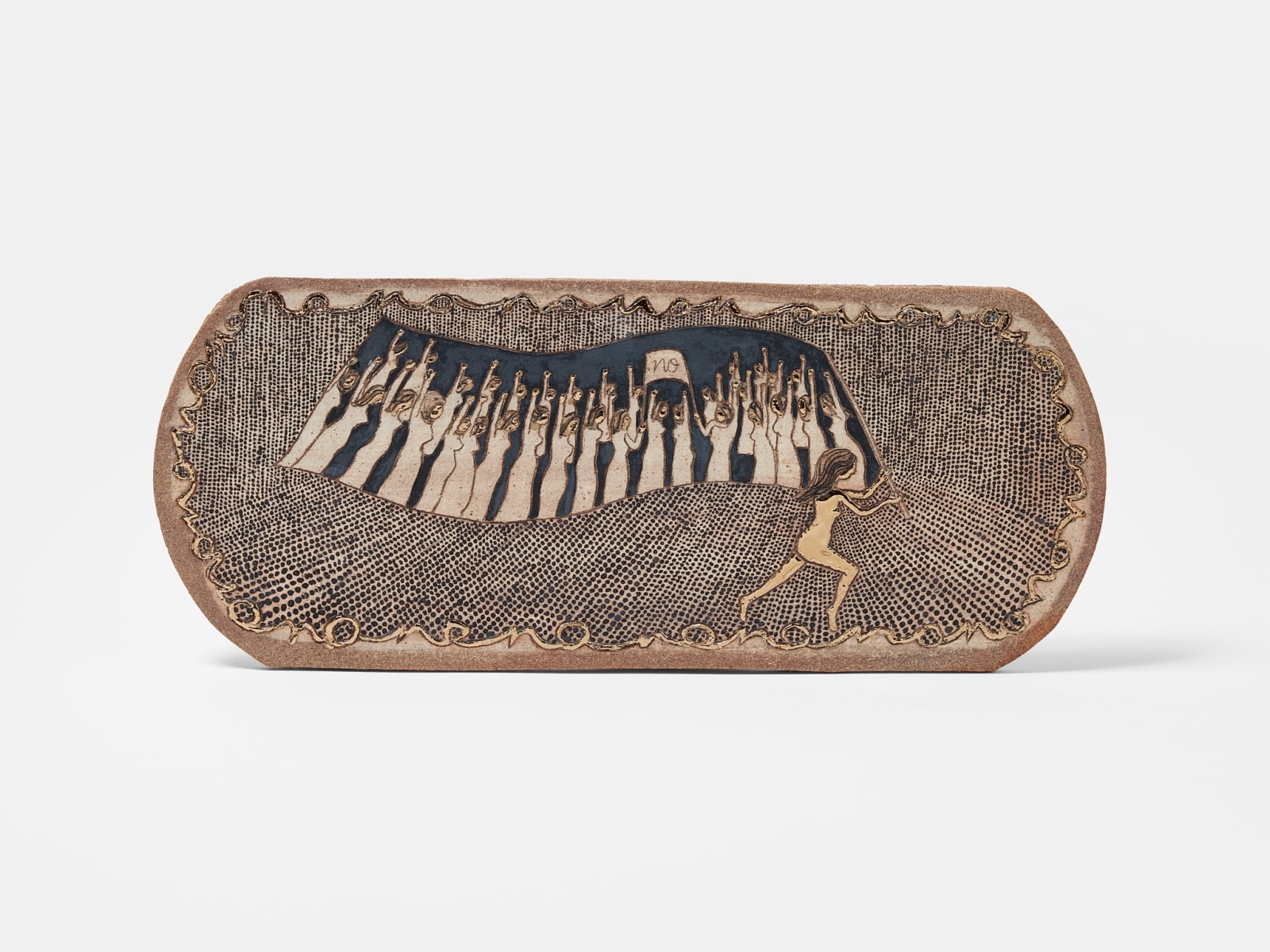 No!, 2025 Underglaze, glaze, gold luster on stoneware 20 x 45,5 cm